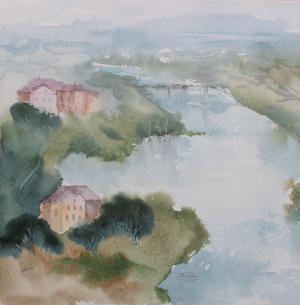 Watercolor: Landscape with river #1