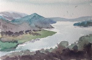 Watercolor: Landscape with a river, miniature